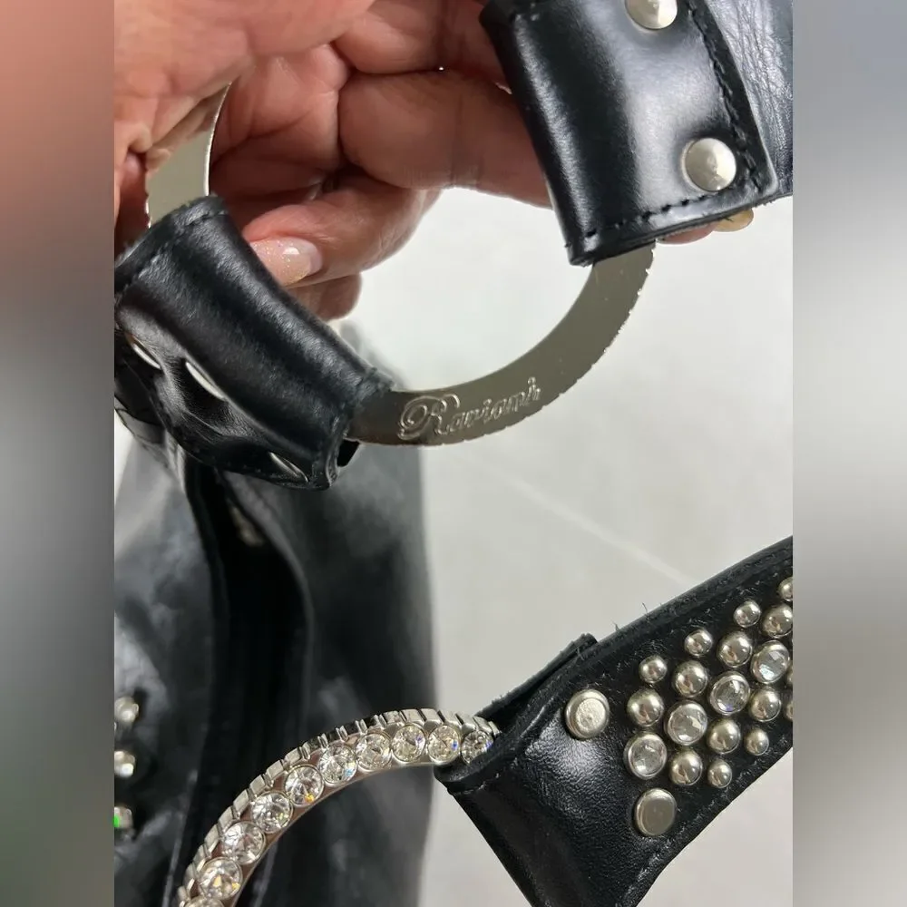 Raviani Black Leather Swarovski Crystal & Rivets Shoulder Bag